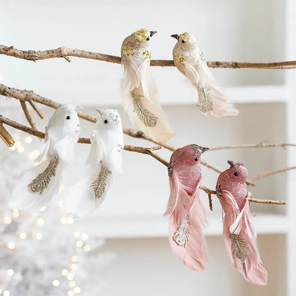 1 pair Glitter Christmas Birds Ornament Colorful Handmade Simulated Bird Pendant Realistic Exquisite Christmas Tree Decoration