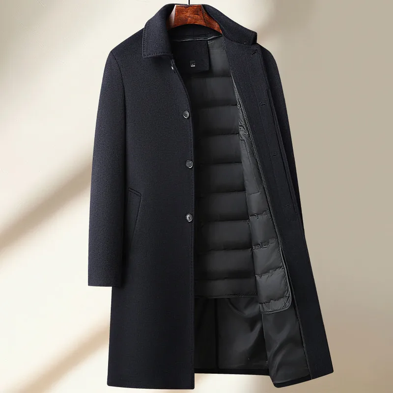 High Quality Men\'s Long-Length Duck Down Liner Woolen Coat Business Casual Windbreaker Puffer Jacket Solid 50% Wool Top Overcoat
