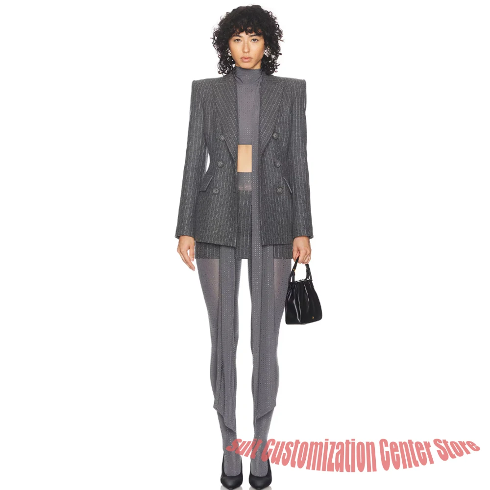 Traje de Lana de Lujo para Mujer, Doble Botonadura, Gris a Rayas, Conjunto de 2 Piezas, Chaqueta + Pantalones, Blazer Moderno para Oficina y Ropa de Calle