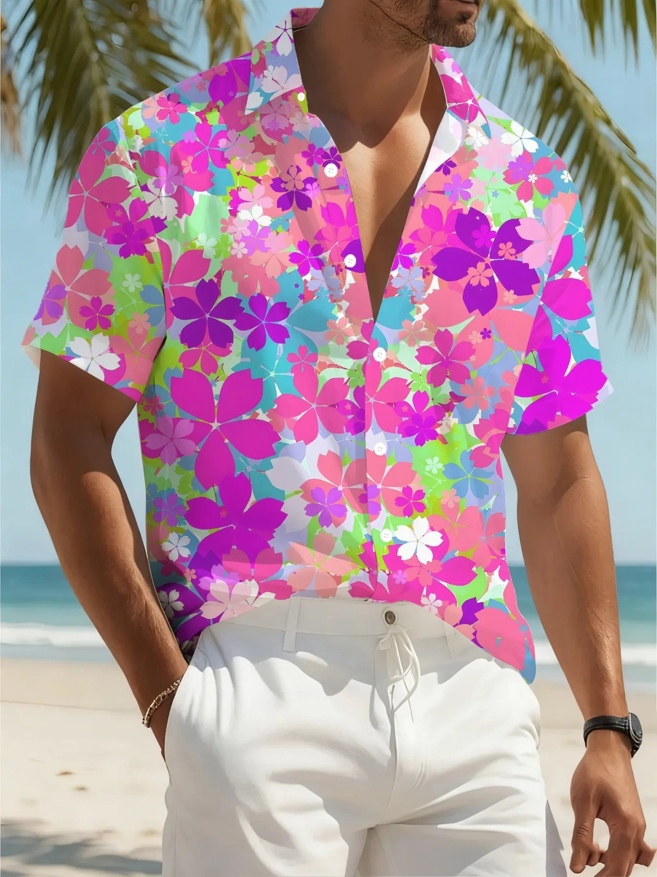 Men's Short Sleeve Shirt Vibrant Multicolor Cherry Blossom Floral Print Casual Beach Seaside Vacation Hawaiian Mens Clothing