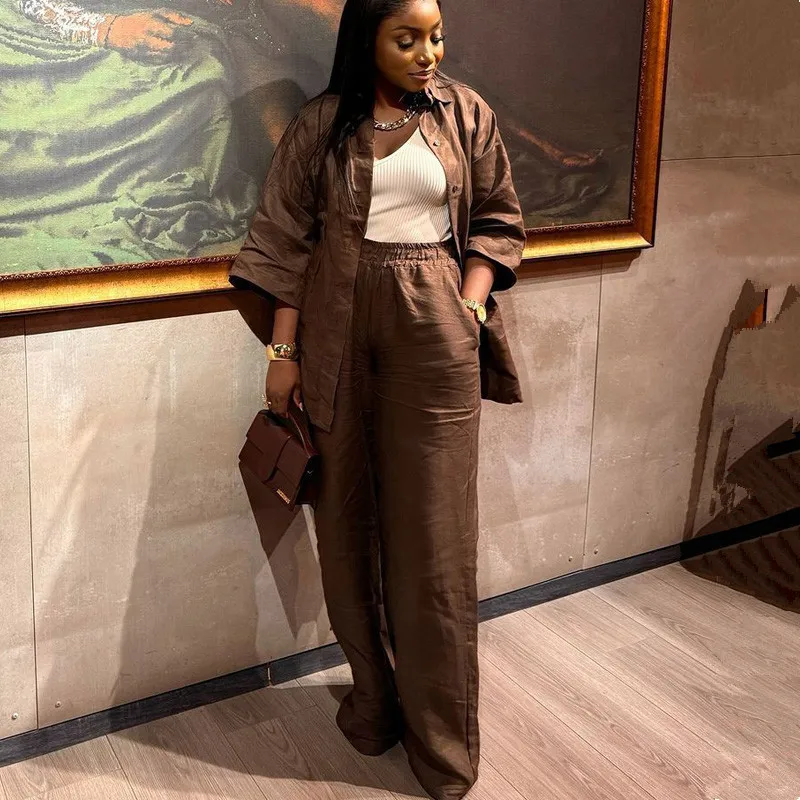 African Fashion Two Piece Set Women Pants set Fashion Brwon Color Single Breasted Loose Shirt And Pants Set Outfits