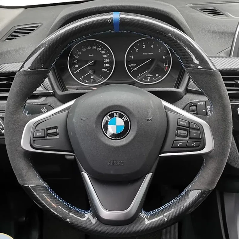 

100% For BMW F45 F46 X1 F48 2015-2019 X2 F39 Hand-stitched non-slip black carbon fiber suede car steering wheel cover