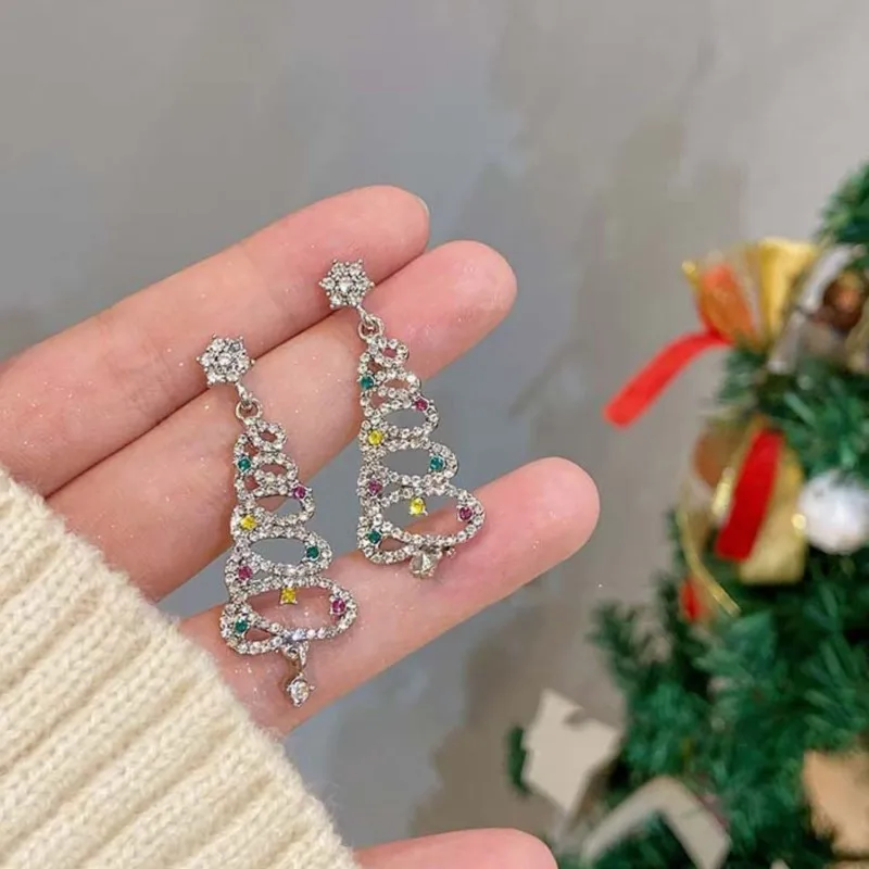 Colorful Shiny Hollow Tassel Christmas Tree Stud Earrings for Women 2024 New Trend Fashion Earring Pretty Girls Jewelry Gifts