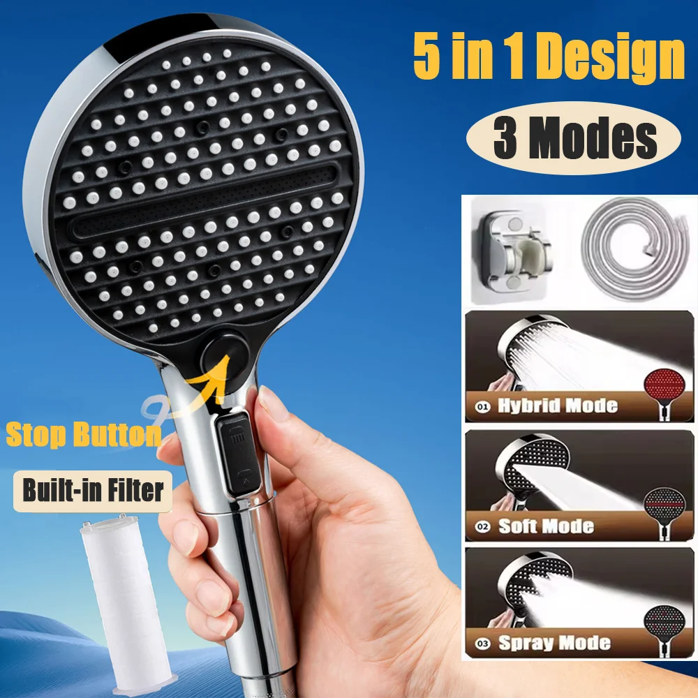 

5 In 1 Design 12.5CM Big Panel Pressurized Shower Head With Filter 3 Modes High Pressure Large Flow One-Key Stop Handheld Shower