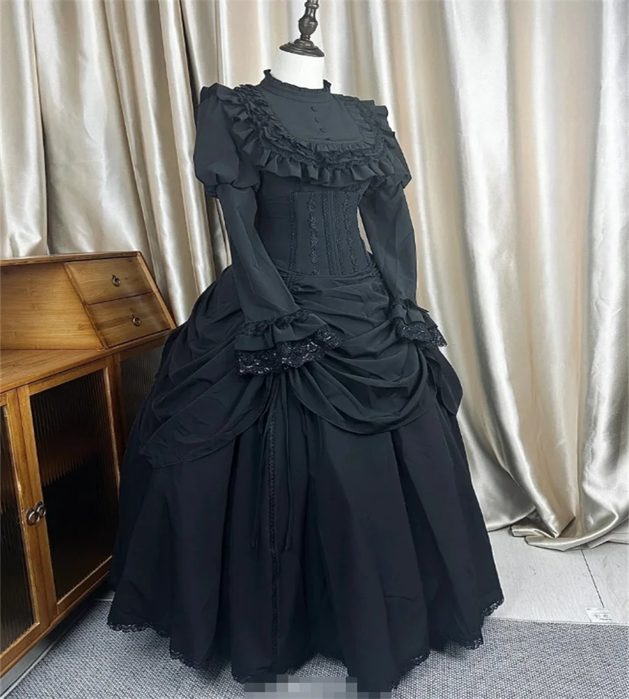 Robe de mariée gothique noire vintage personnalisée, col haut, manches longues, dentelle, volants, patients de jardin et de pays, 2025