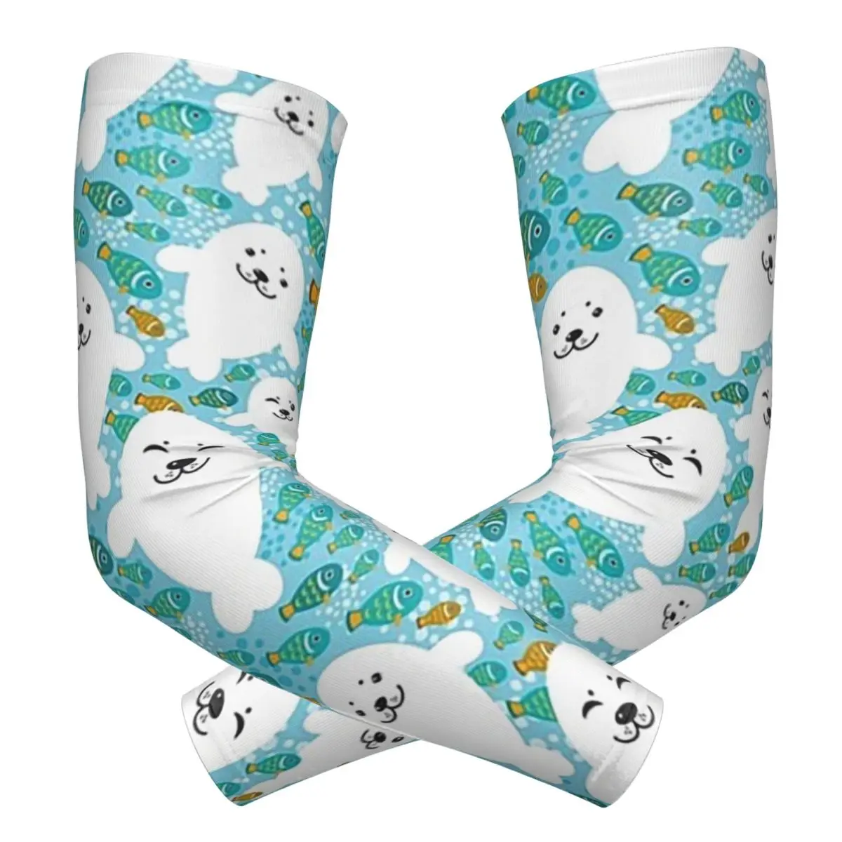 Kawaii süße Robbe und Fische im Wasser Outdoor Armstulpen Sonne UV-Schutz Abdeckung Sommer Radfahren Tattoo Ärmel