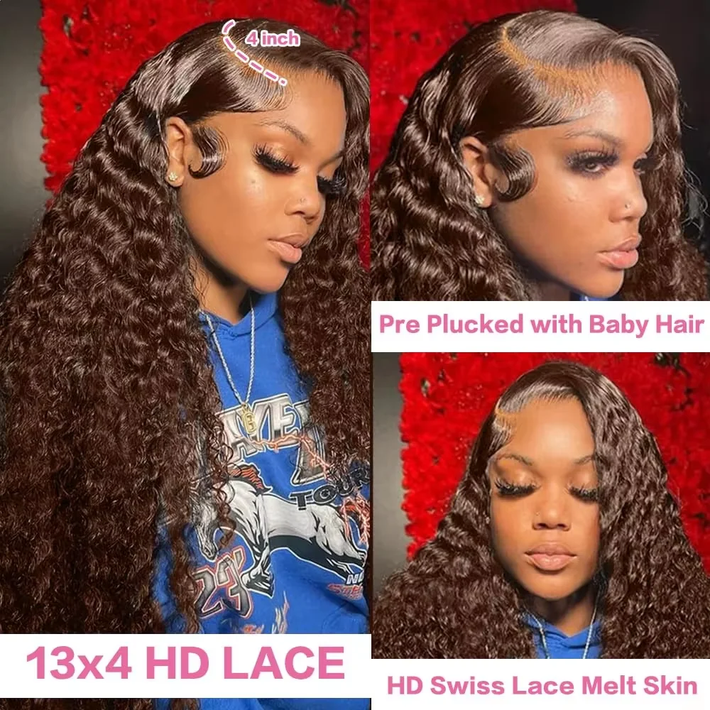 200 الكثافة الشوكولاته براون شعر مستعار 13x4 الشعر البشري 30 بوصة الملونة شعر بشري مجعد الباروكات موجة عميقة HD قبل قطعها الدانتيل شعر مستعار أمامي