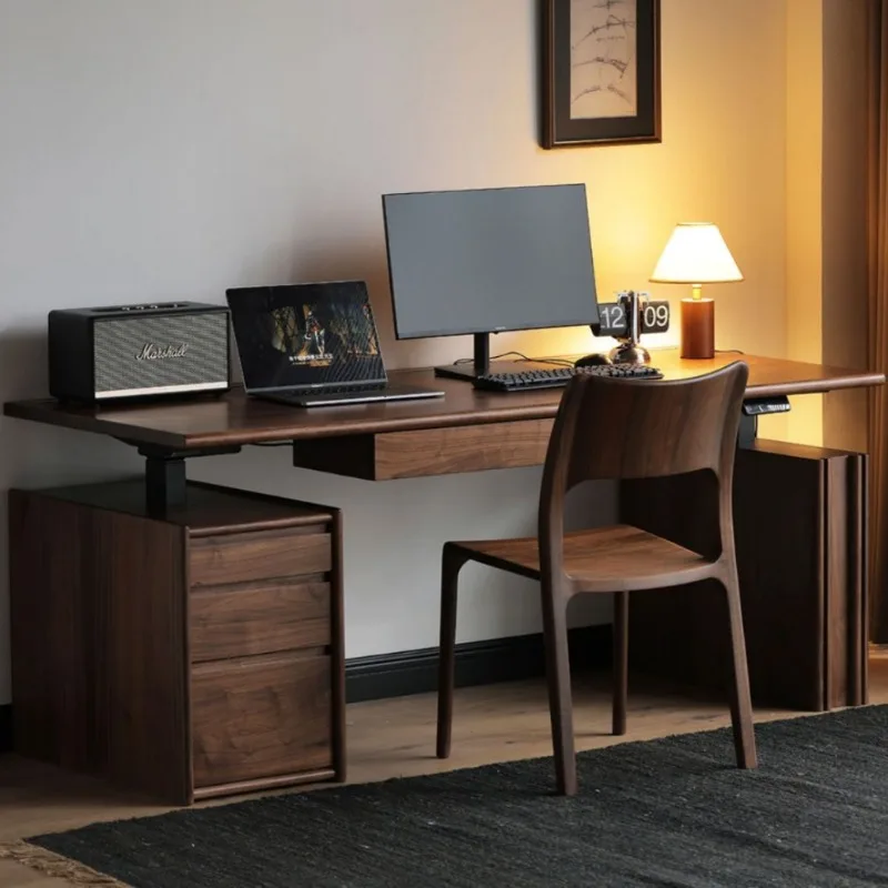 All solid wood intelligent electric lifting table study storage table home office learning black walnut lifting computer desk