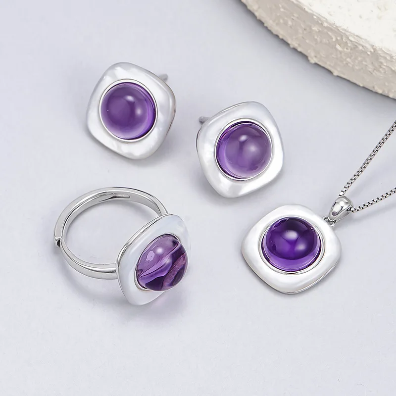 New S925 Sterling Silver Fashionable And Simple Versatile Square Egg Shaped Amethyst Engagement Ring Selected Gift