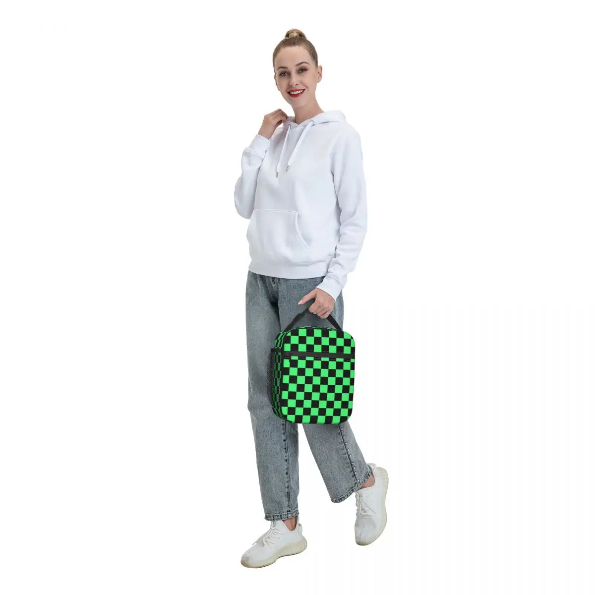 Black And Green Checkerboard Pattern Insulated Lunch Bags Tartan Geometric Thermal Cooler Food Lunch Box Outdoor Camping Travel