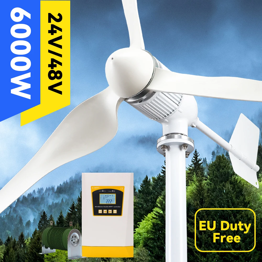 EU Duty Free 6000W Horizontal Wind Turbine Generator 3Blades 48V 24V With MPPT Charger Controller Off Grid System For Home Use