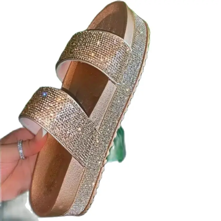 summer new  women double-layer rhinestone platform waterproof platform flat bottom non-slip durable beach slippers outdoor ms