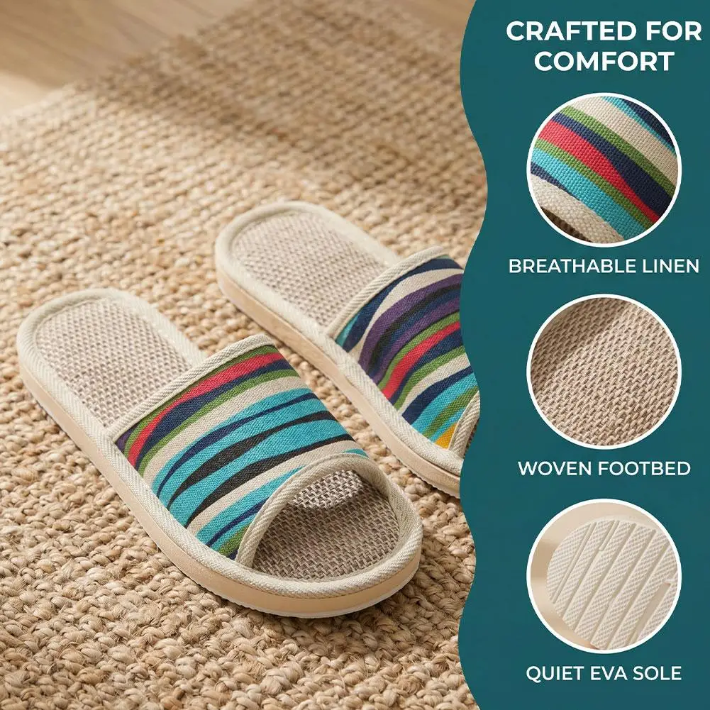 Four Season Couple's Multicolor Linen Slippers Women Indoor Striped Non-Slip Sandals Men Comfort Indoor Floor Breathable Slides