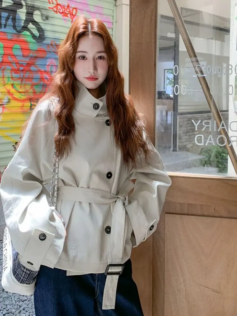 Women's Beige High Collar Long Sleeve Autumn Windbreaker Elegant French Street Style Waist-Cinching Button Windbreaker Coat 2026
