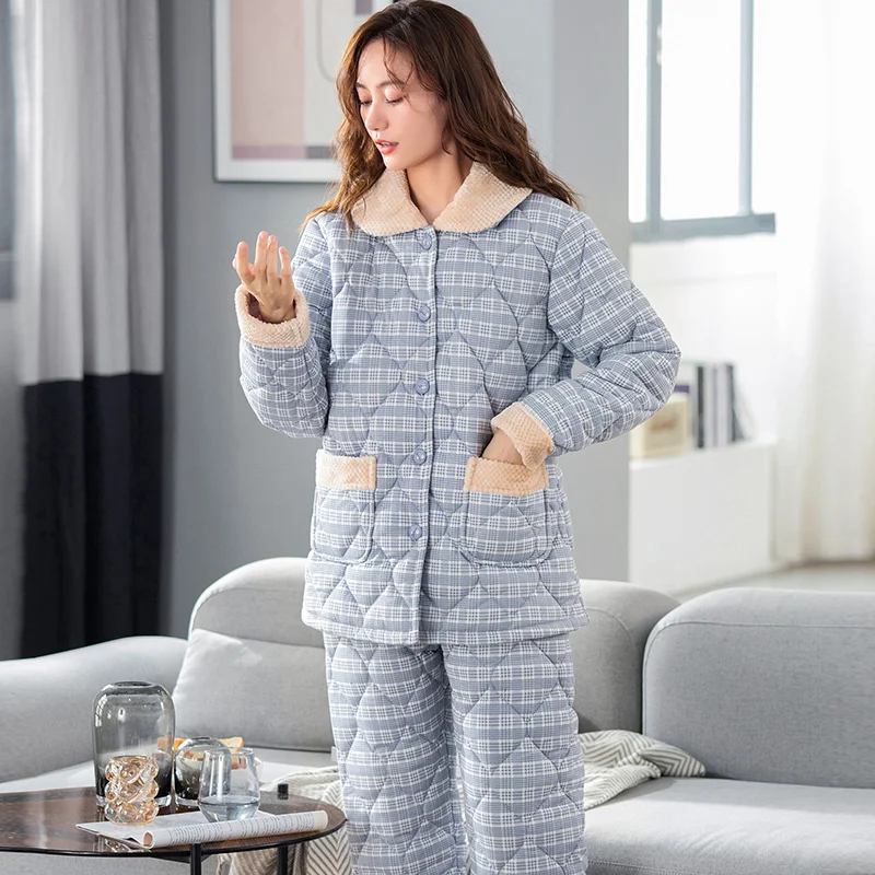 

Newest M-3XL Winter Plaid Pajamas Women Thick Quilted Pajama Sets Knit Cotton Sleepwear Suits Female Home Clothing Pijamas Mujer