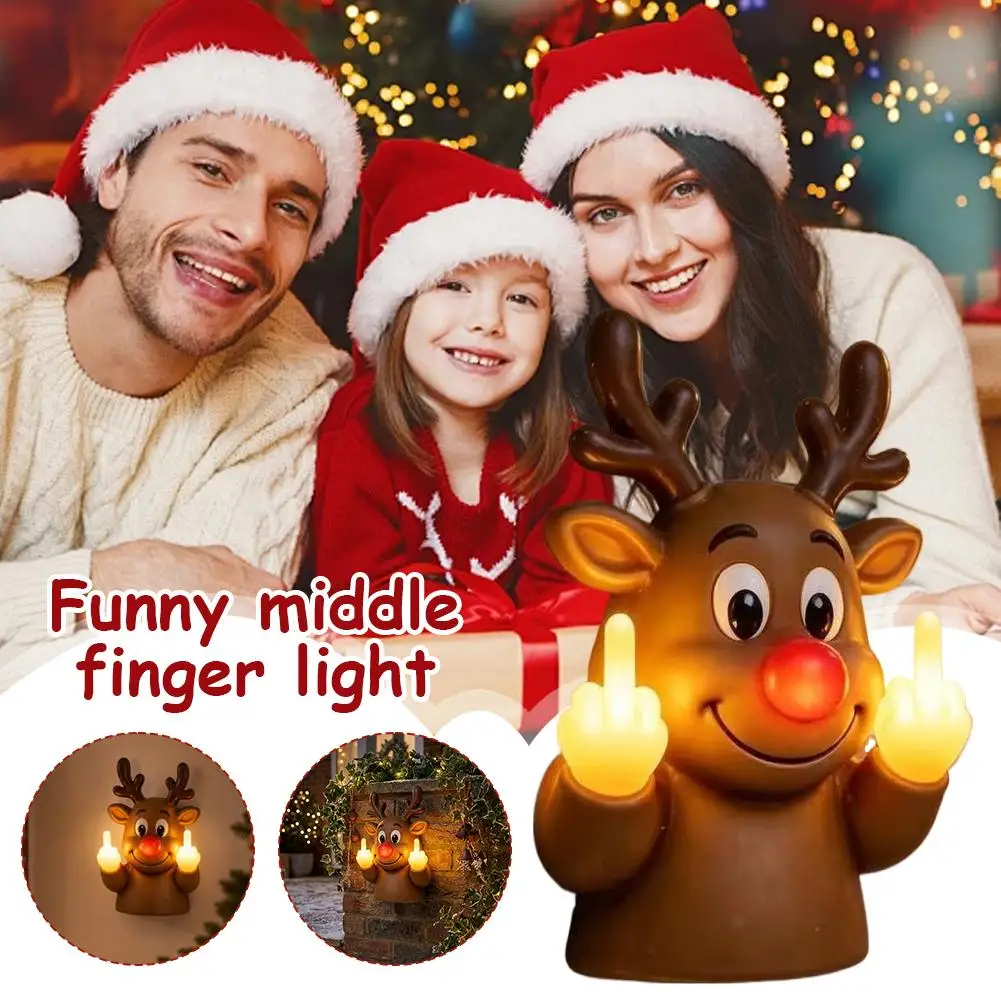 Reindeer Middle Finger Decor LED Night Light,Christmas Hanging Ornament Decor, Home Tabletop Hanging Bedroom Decor Party Gift