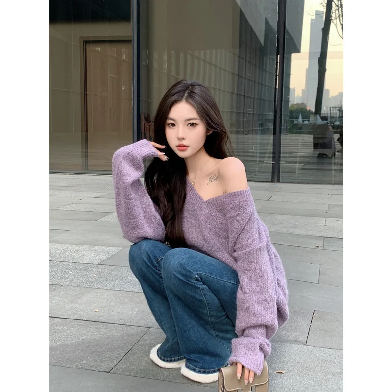 Women's 2022 Fashion New Style Purple Mohair V-neck Loose Pullover Temperament Versatile Comfortable Sweater Autumn and Winter