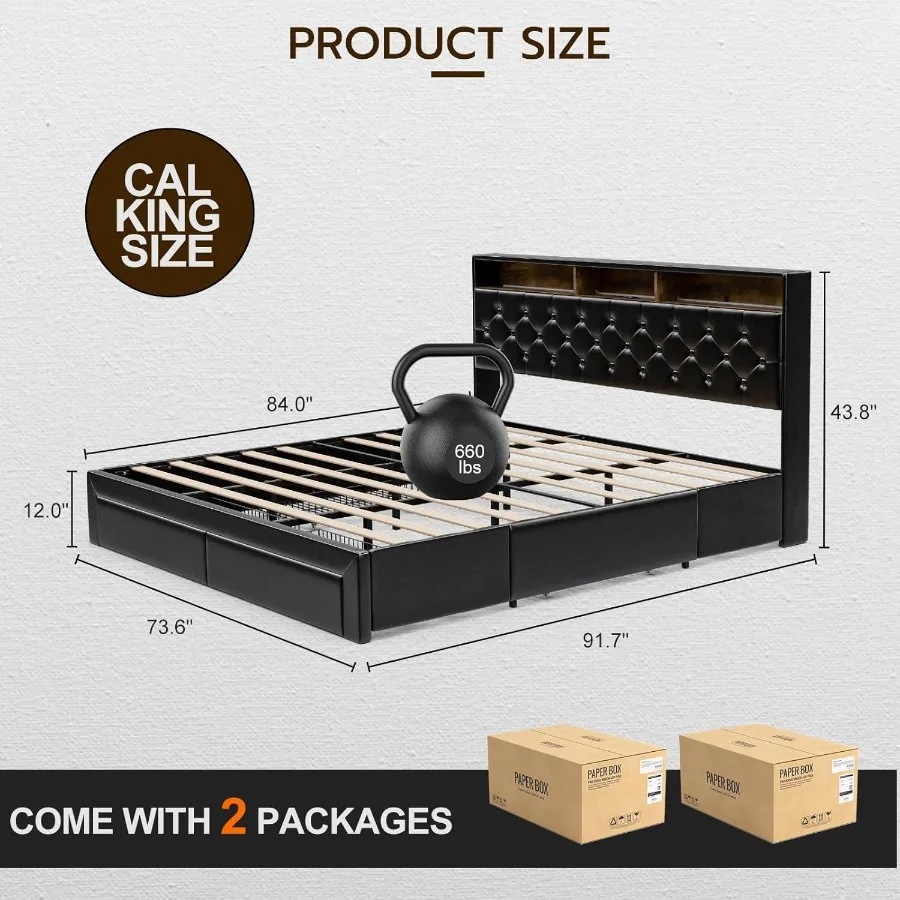 إطارات سرير كاليفورنيا كينج مع 4 أدراج تخزين مخفي اللوح الأمامي منجد كال كينج LED منصة السرير مع شحن TypeC St