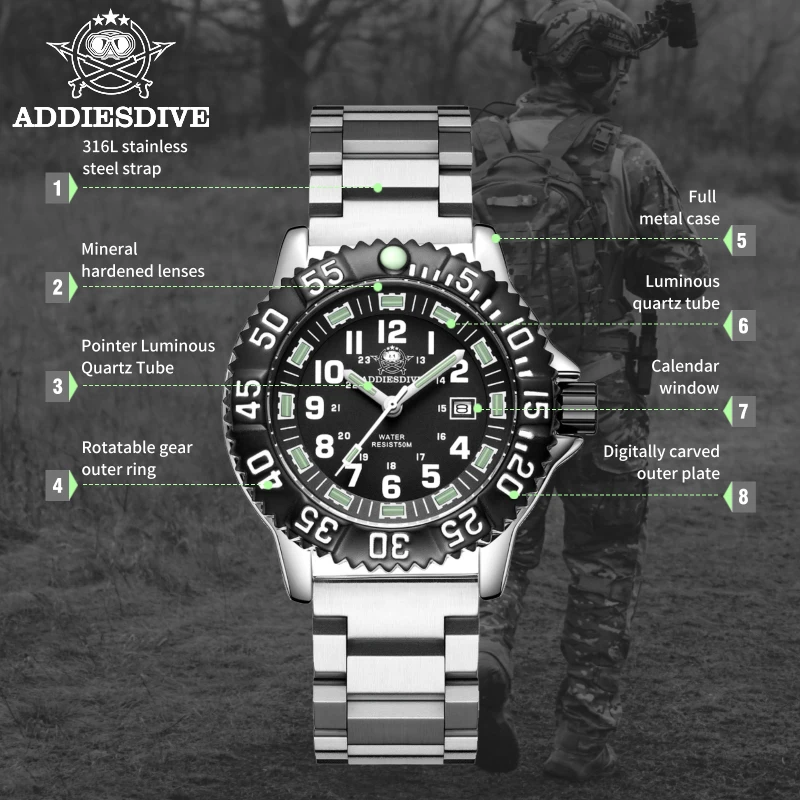 ADDIESDIVE Men\'s Quartz Watch Silver Steel Belt Wristwatches Vintage 50M Waterproof Super Luminous Watches High Quality relogio