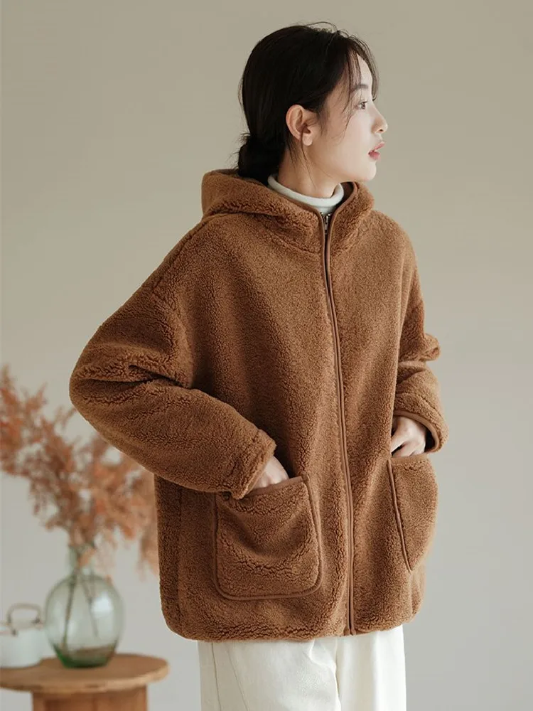 Korean style New Autumn Winter Fashion Women Long Sleeve Loose Zipper Jackets Casual Thick Warm Hooded Grain Fleece Coats