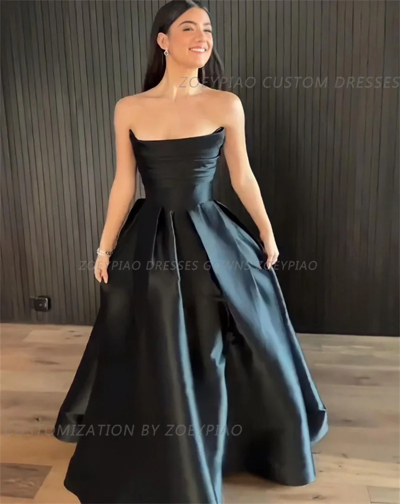 Semplice splendido abito da ballo in raso nero A Line senza spalline abito da sera lungo formale elegante personalizzato per abiti da donna Design