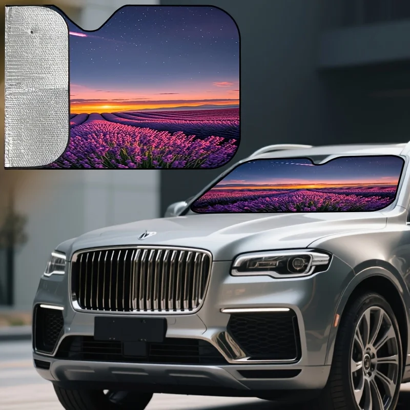 Starry Sky Lavender Field Pattern Car Windshield Sunshade, Dream Night View Design, Effectively Block Strong Light, Improve The