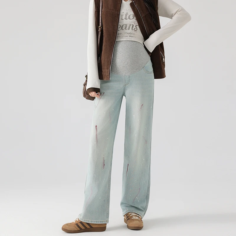 

Американские винтажные повседневные джинсы высокого качества с широкими штанинами для беременных, весенне-осенние прямые брюки для беременных