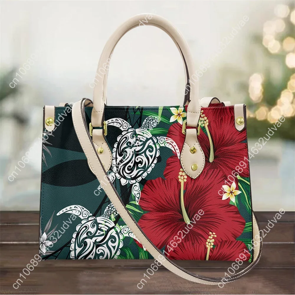 Borsa a tracolla stampata tribale polinesiana per donna fiore di ibisco hawaiano con borsa in pelle modello tartaruga marina tatuaggio femminile