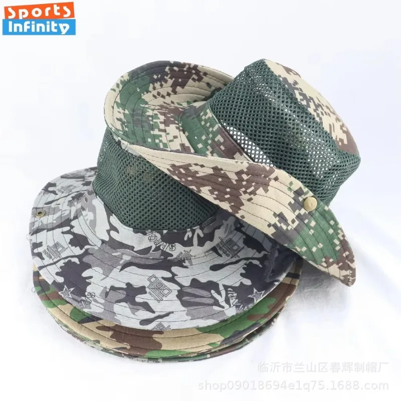 Camouflage Sun Hat for Men Summer Breathable Big Eave Sunshade Hat Outdoor Sport Climbing Hat Fishing Caps Foldable with Buckle