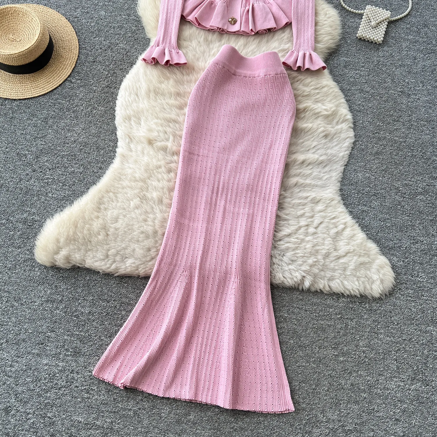 ALPHALMODA Autumn New Elegant Knitted Suits, V-neck Ruffled Cardigan + Mermaid Skirt, Vintage Style, Women Slim Fit, Chic Outfit