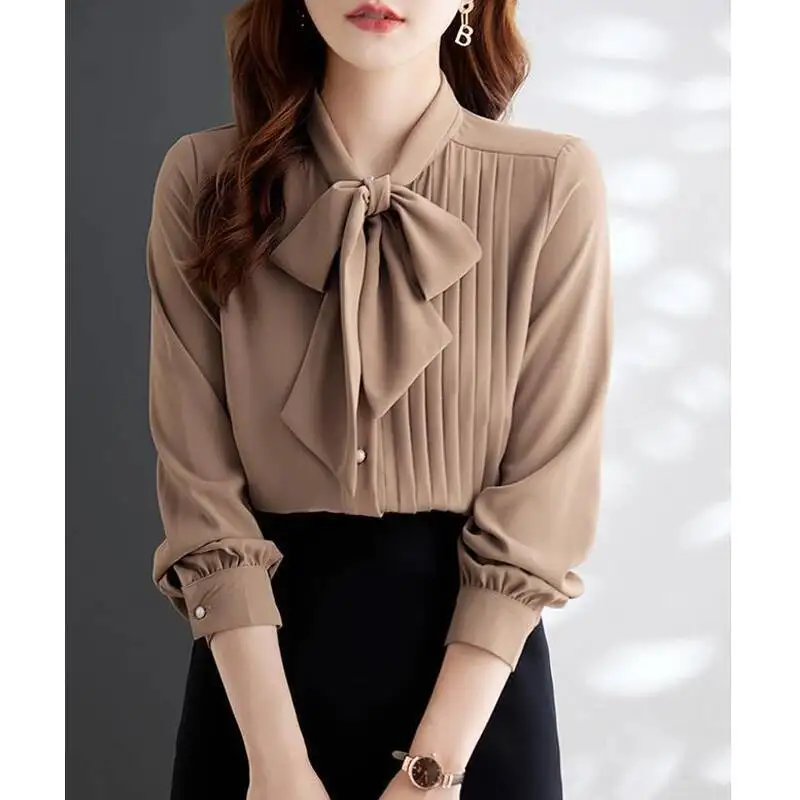 

Женские корейские модные рубашки с рюшами на шнуровке и бантом, офисные женские элегантные деловые повседневные блузки, винтажные однотонные свободные топы с длинными рукавами