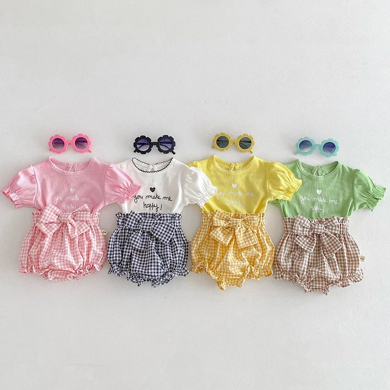 

Letter T-Shirt Plaid Shorts Girls 2Pc/Set Summer Children's Clothes Cotton Kids Short Sleeved Suit Fashion Baby Clothing 0-24M