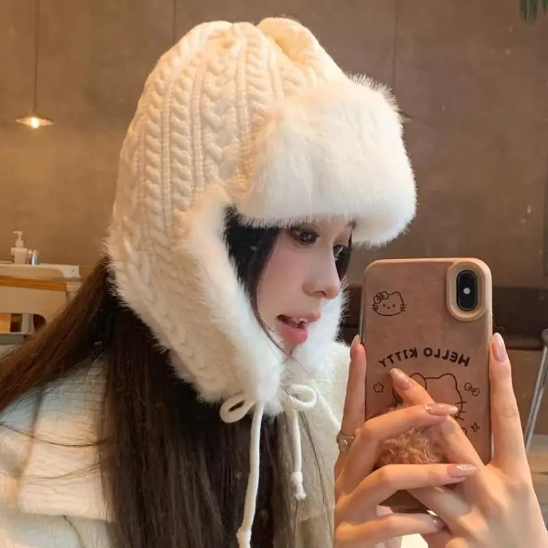 

Women Knit Hat With Extended Ear Flaps Windproof Winter Cap Korean Style Thickened Tie-Fastened Lei Feng Hat Versatile Cold Hat