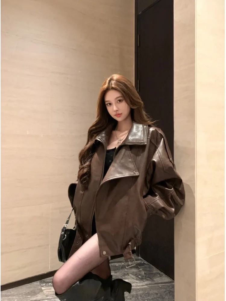 Americano retro slized biker jaet feminino início do outono novo casaco de couro bla high-end versátil zíper sve casaco longo