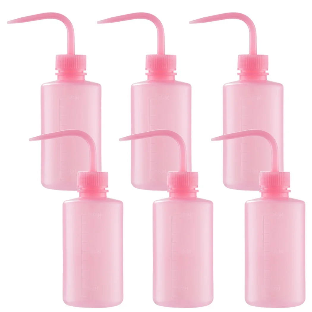 6Pcs Lash Wash Squeeze Bottles Plastic Squirt Bottles 250ml With Scale Curved Narrow Nozzle Leak-Proof Safety Rinse Bottles