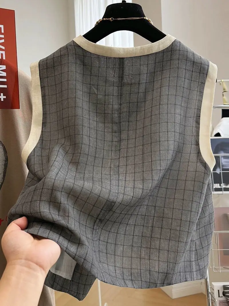 Elegant Plaid Outer Wear Vest for Women Summer Style Short-Sleeved Top