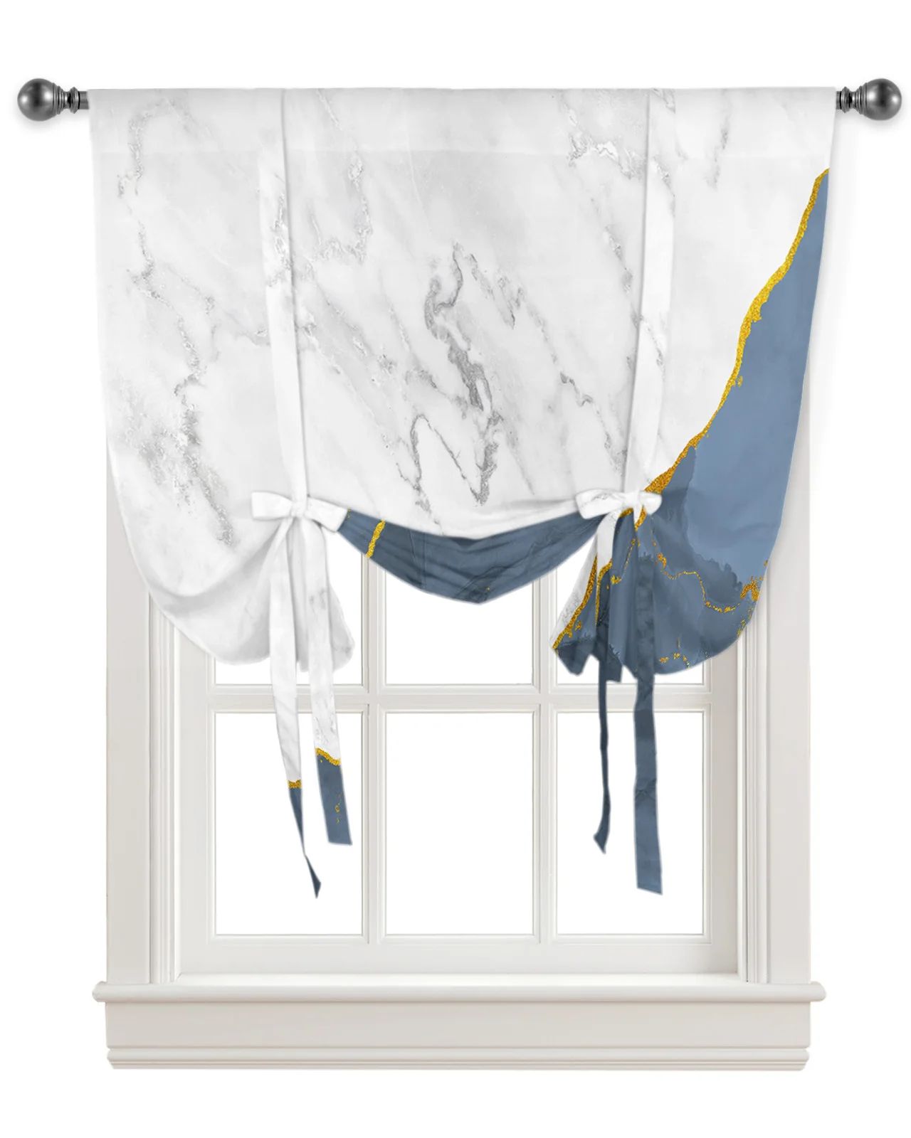 White Marble Light Blue Kitchen Short Window Curtain Rod Pocket Curtains Home Decor Bedroom Small Window Roman Tie Up Curtains