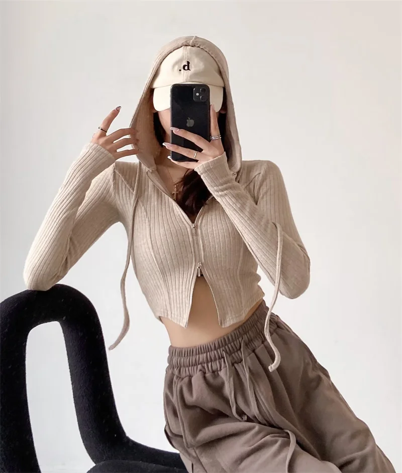

Street Sle Hooded ort Cardigan Pure Color Slim Fit Casual Open Front Zipper Design Women's Knitted Sweater Spring 2023