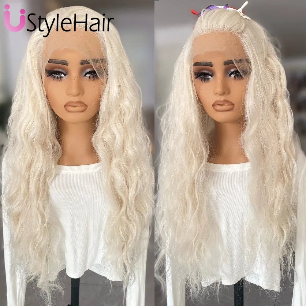 

UStyleHair Platinum Blonde Lace Wig #60 Color Synthetic Lace Front Wig Long Loose Curly Natural Hairline Daily Use Cosplay Wig