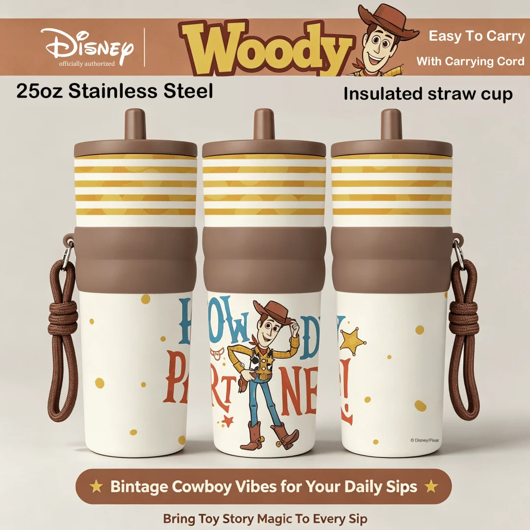 1pc 25oz Disney Toy Story Woody Stainless Steel Tumbler Insulated Travel Mug with Straw Hanging Rope Portable Cup for Car Office