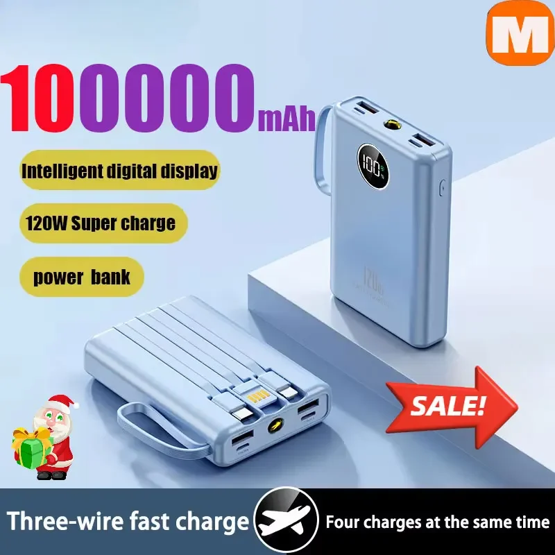 

Power Bank 100000mAh 120W Super Fast Charging Powerbank Built-In Cable Digital Display Portable Battery For iPhone Samsung New