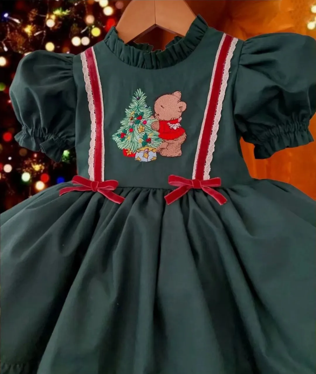 Baby Girl  Summer Autumn Green Bear Embroidery Turkish Vintage Lolita Princess  Dress for Birthday Holiday Eid Christmas C107
