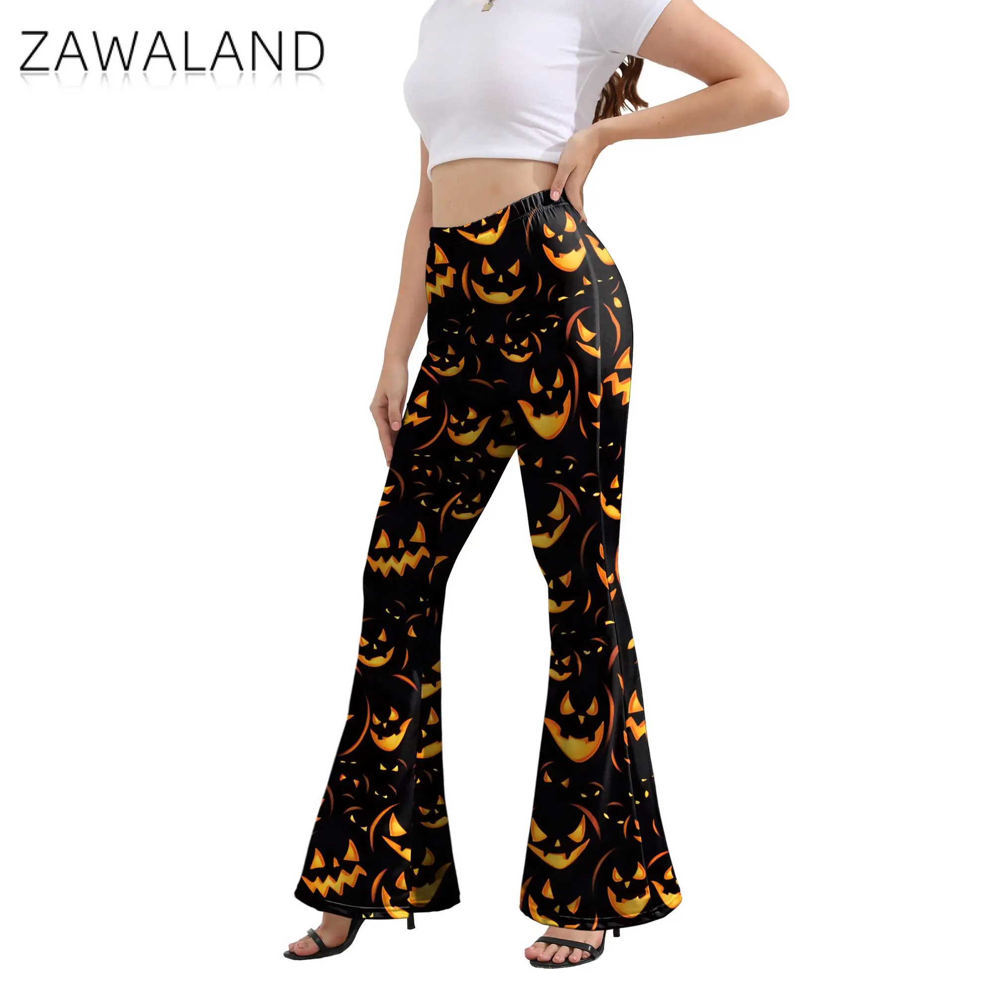 Zawaland Rozkloszowane Spodnie Dla Kobiet Legginsy z Wysoką Talią Lady Holiday Party Moda Cosplay Halloween Straszne Spodnie z Nadrukiem Dyni