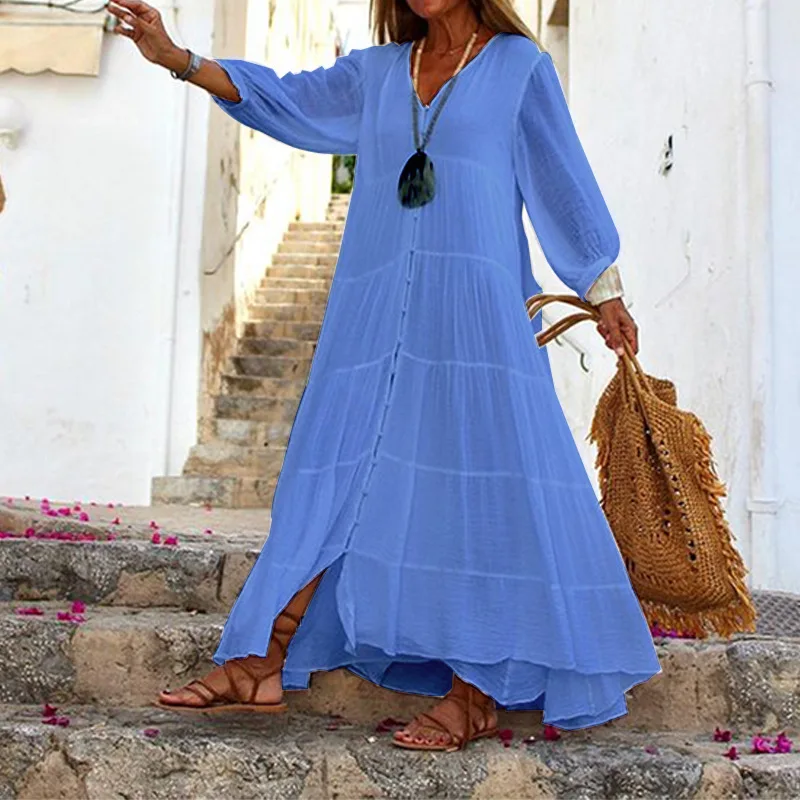 Spot 2026 Women's Bohemian Solid Color Dress V-Neck Loose Fi Long Sleeves Cotton and Linen for Summer & Autumn Solid XXL Size