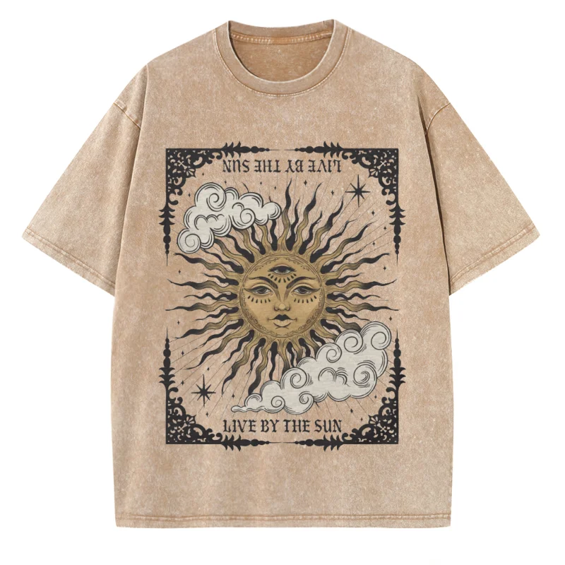 

Sun Print Women's T-Shirt Trend 2024 Unisex Summer Retro Washed Denim Loose Short Sleeve American Vintage Distressed Top