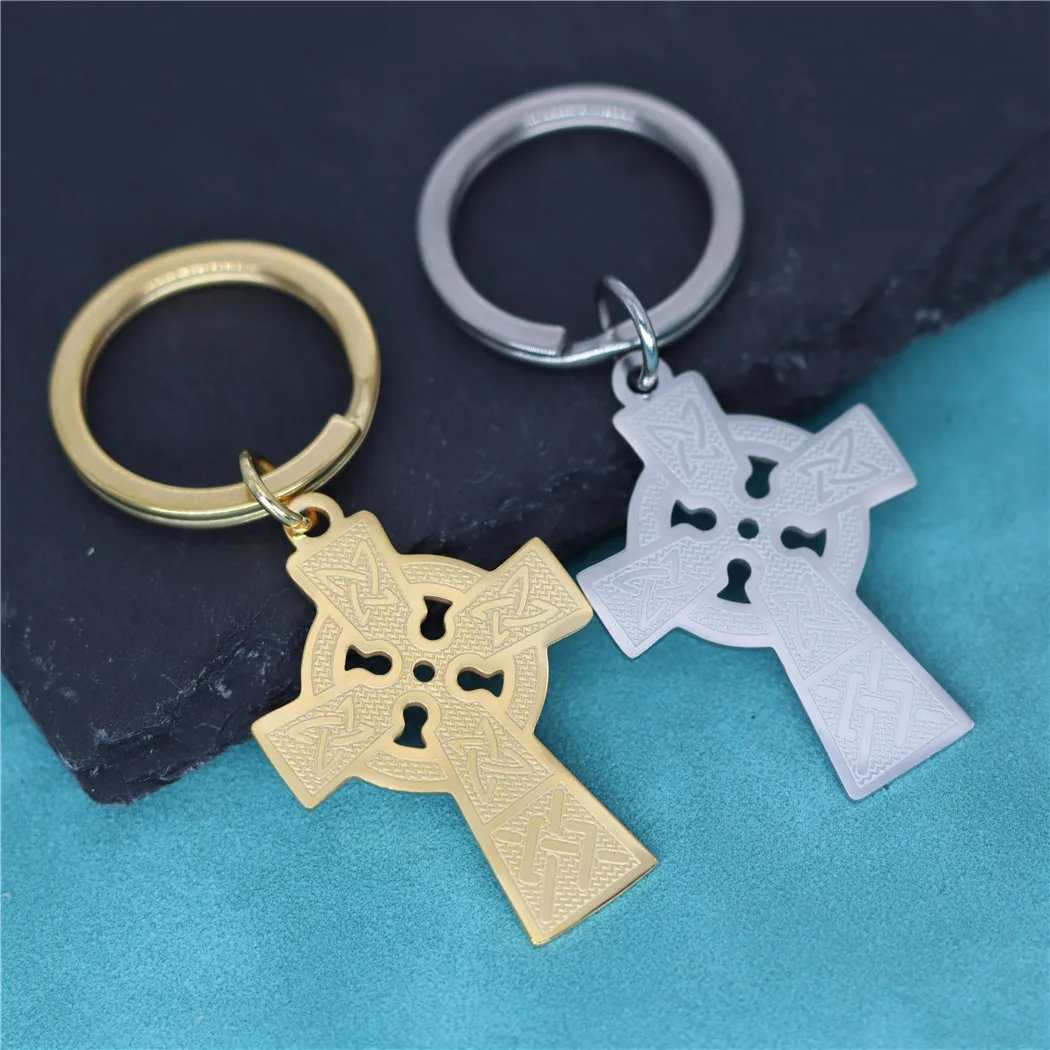 Vintage Viking Celtic Cross Talisman Pendant Keychain For Men Women Gold Color Stainless Steel Amulet Key Chains Punk Jewelry