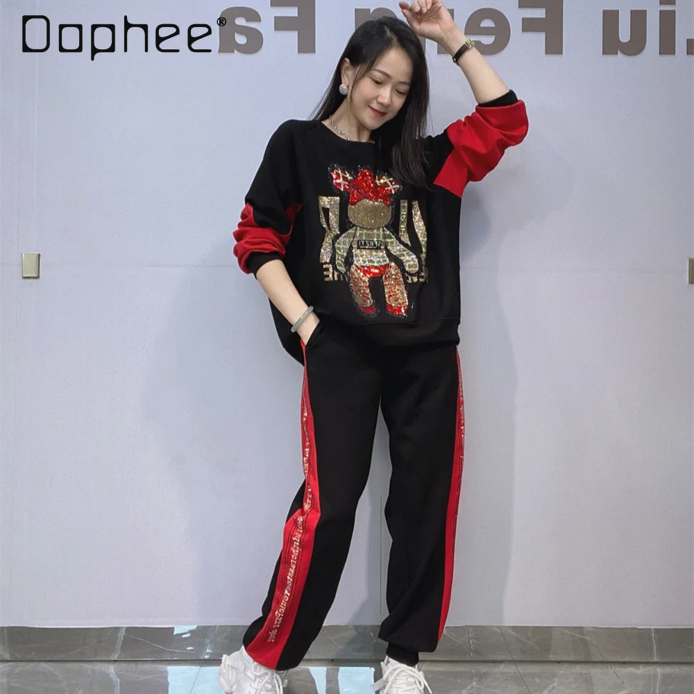 

Комплекты из толстовки с длинными рукавами и спортивных штанов со стразами, женская одежда, осенний модный спортивный костюм с героями мультфильмов, комплект из двух предметов