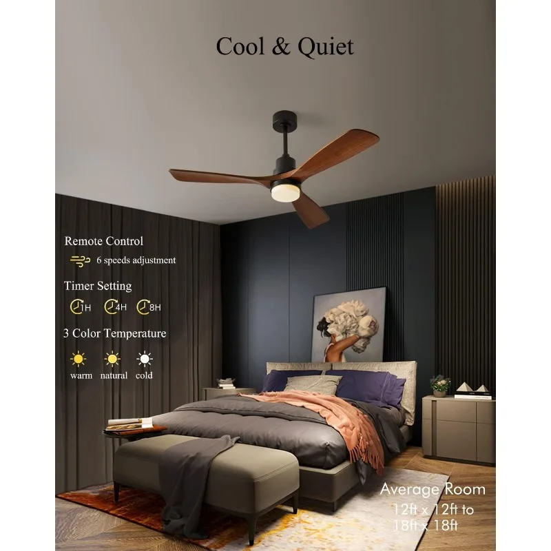 Modern Ceiling Fans with Lights, 3 Wood Fan Blades, 52