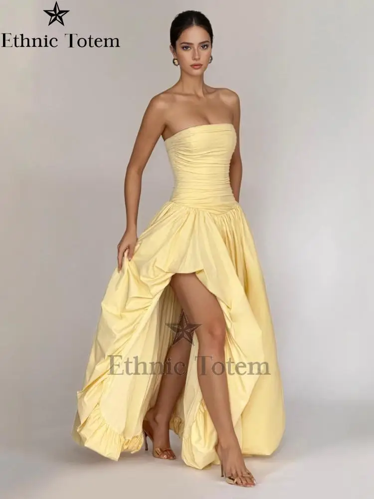 

Womens Yellow Evening Dress Fashion Strapless A-line Bubble Hem Slim Robes Summer Lady Party Dresses vestidos 2025