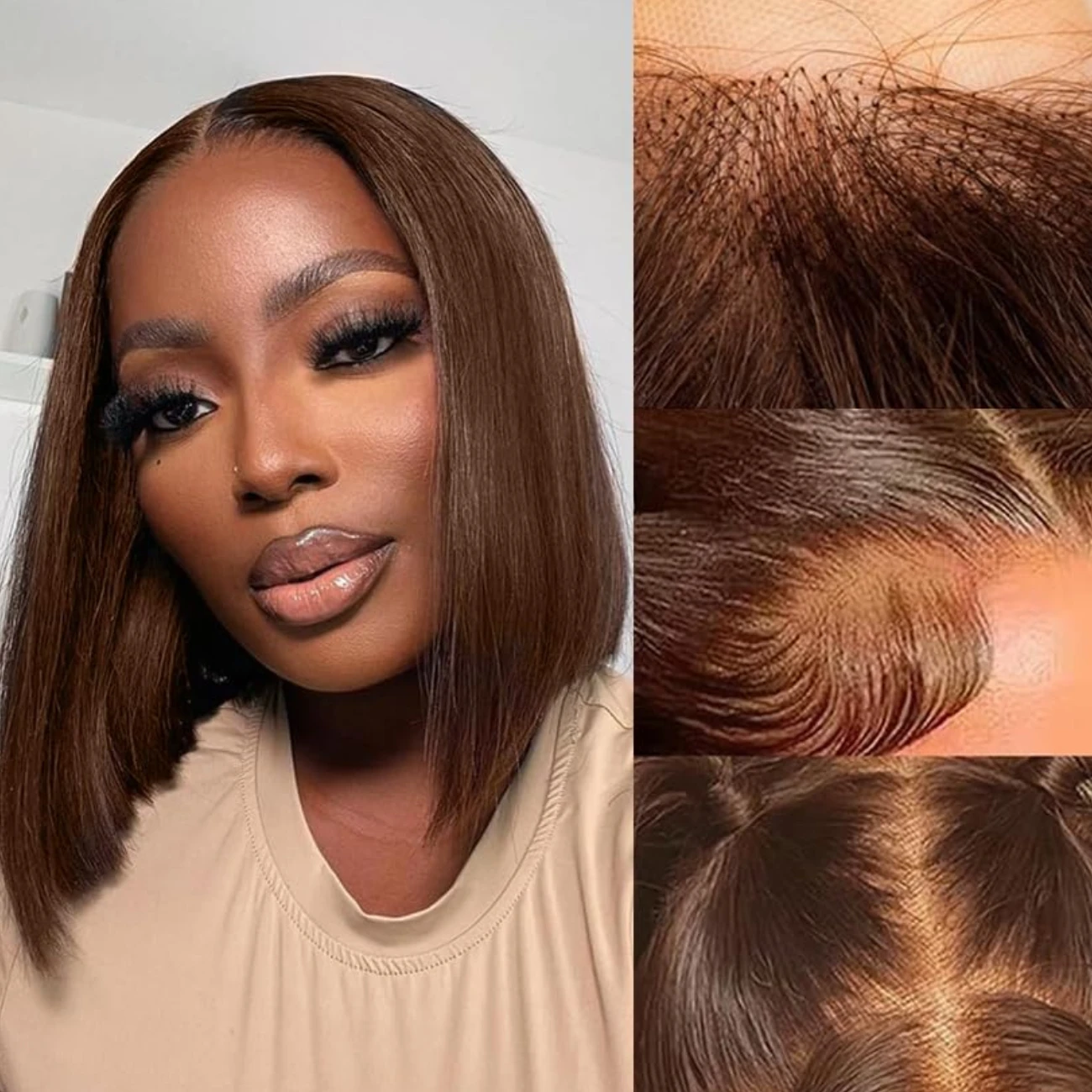 

Chocolate Brown Short Bob Bone Straight 13x4 HD Lace Front Human Hair Wig Brazilian Lace Frontal Wigs For Women Natural Hairline